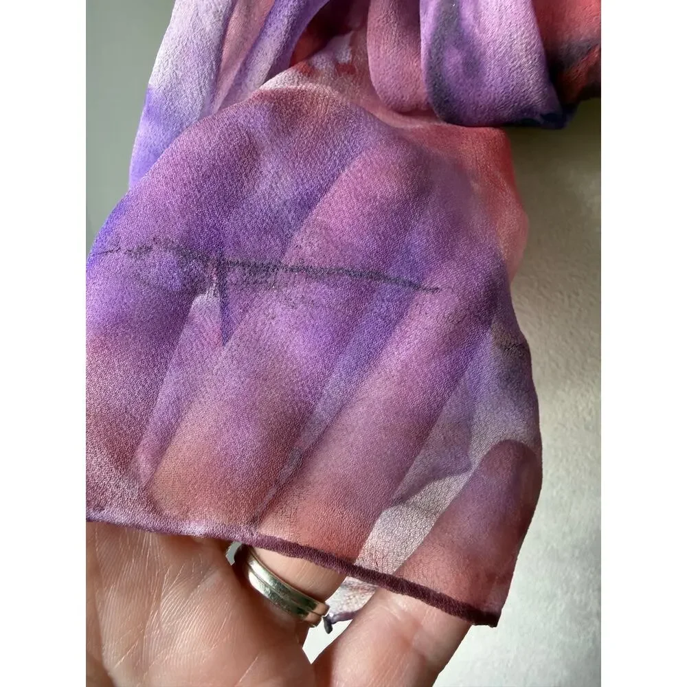 Hand Rolled Silk Chiffon Scarf Purple Pink Watercolor Tie Dye 68x19‎